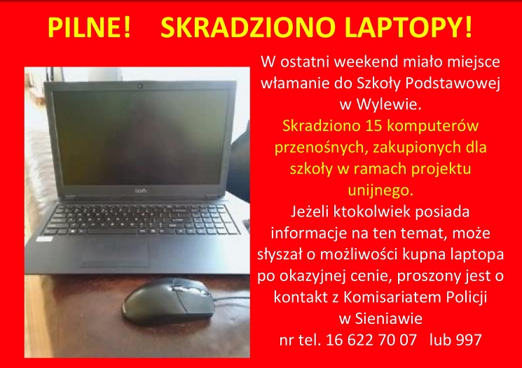 Skradziono laptopy w Szkole Podstawowej