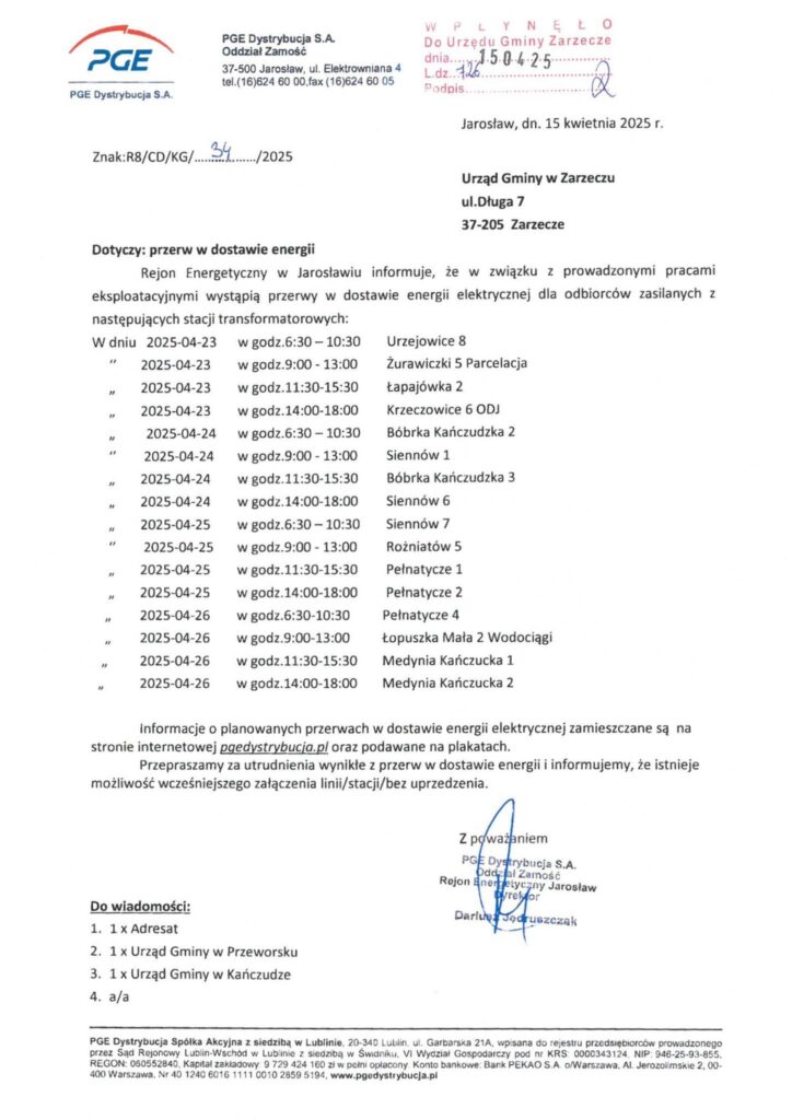 Uwaga mieszkańcy Gminy Zarzecze! Przerwa w dostawie energii elektrycznej! 1 Uwaga mieszkańcy Gminy Zarzecze! Przerwa w dostawie energii elektrycznej!