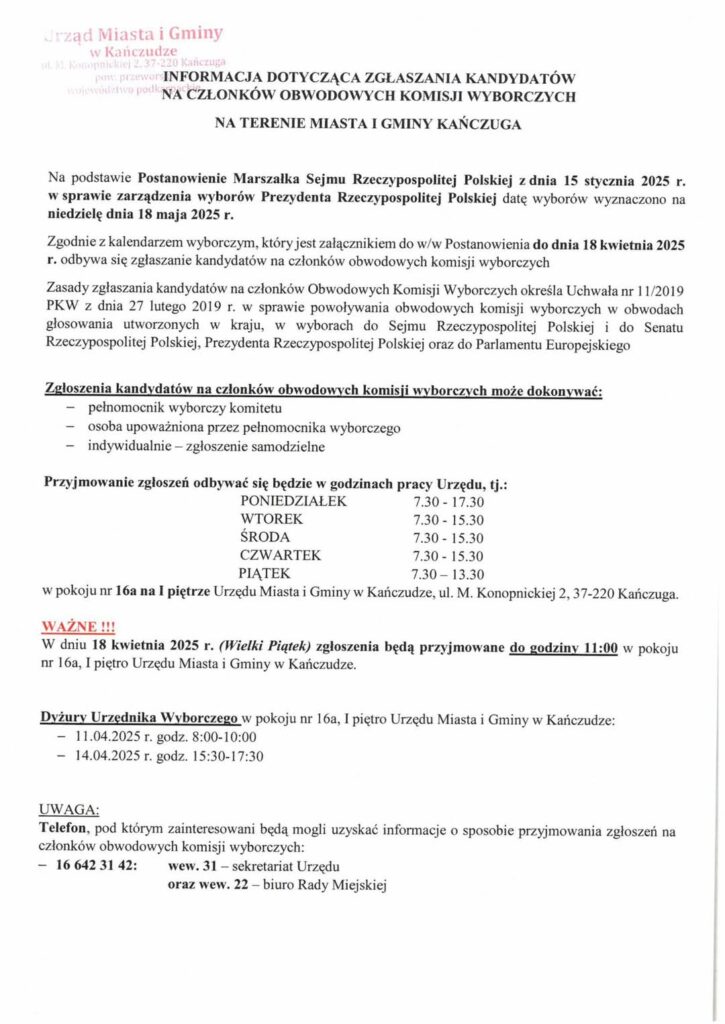 Ważne dla mieszkańców Kańczugi! Zgłaszanie kandydatów do Obwodowych Komisji Wyborczych
