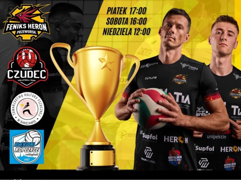 Grafika zapowiadająca turniej finałowy o mistrzostwo I ligi podkarpackiej w siatkówce w Przeworsku z udziałem Feniks Heron
