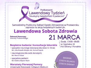 Plakat Podkarpackiego Lawendowego Tygodnia w Przeworsku z informacją o badaniach i konferencji.
