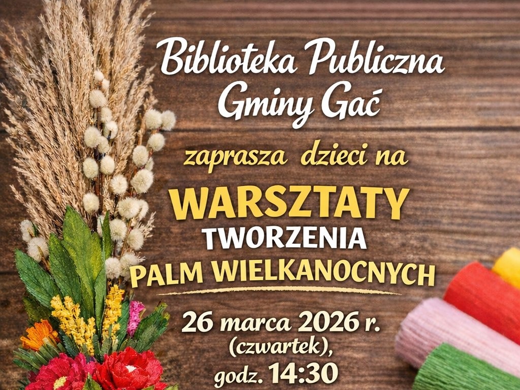 Zapowiedź warsztatów tworzenia palm wielkanocnych dla dzieci w Bibliotece Publicznej Gminy Gać.