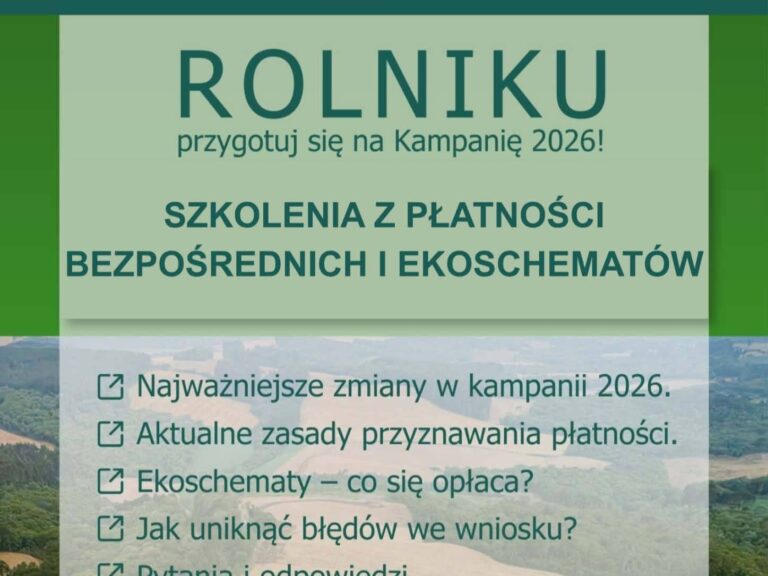 Plakat informujący o szkoleniu dla rolników w Kańczudze dotyczącym dopłat bezpośrednich i ekoschematów w Kampanii 2026