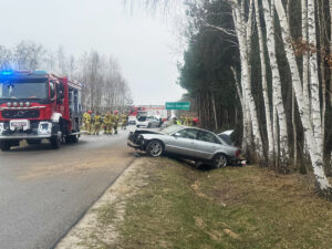 Radiowóz straży podczas interwencji drogowej w powiecie leżajskim