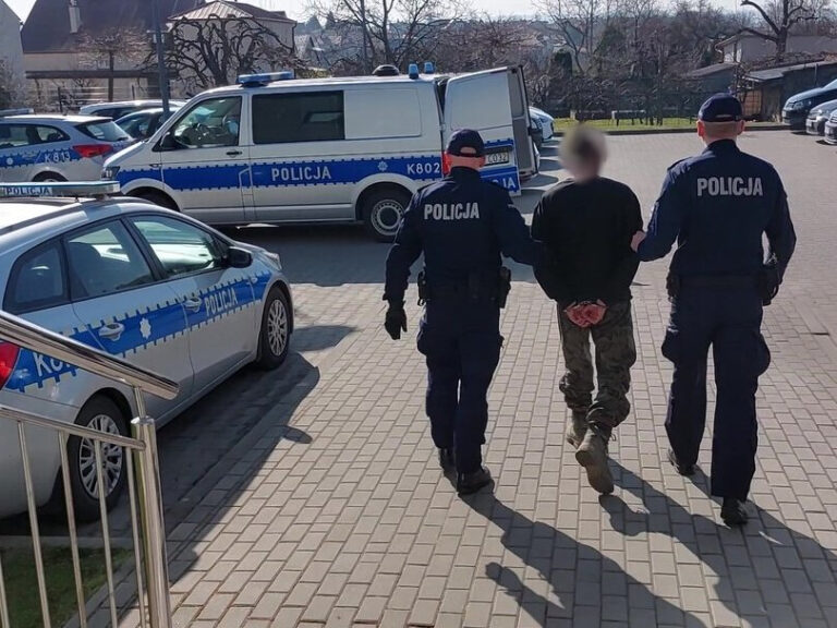 Policjanci kontrolują kierowcę zatrzymanego za jazdę pod wpływem alkoholu w Medynii Łańcuckiej