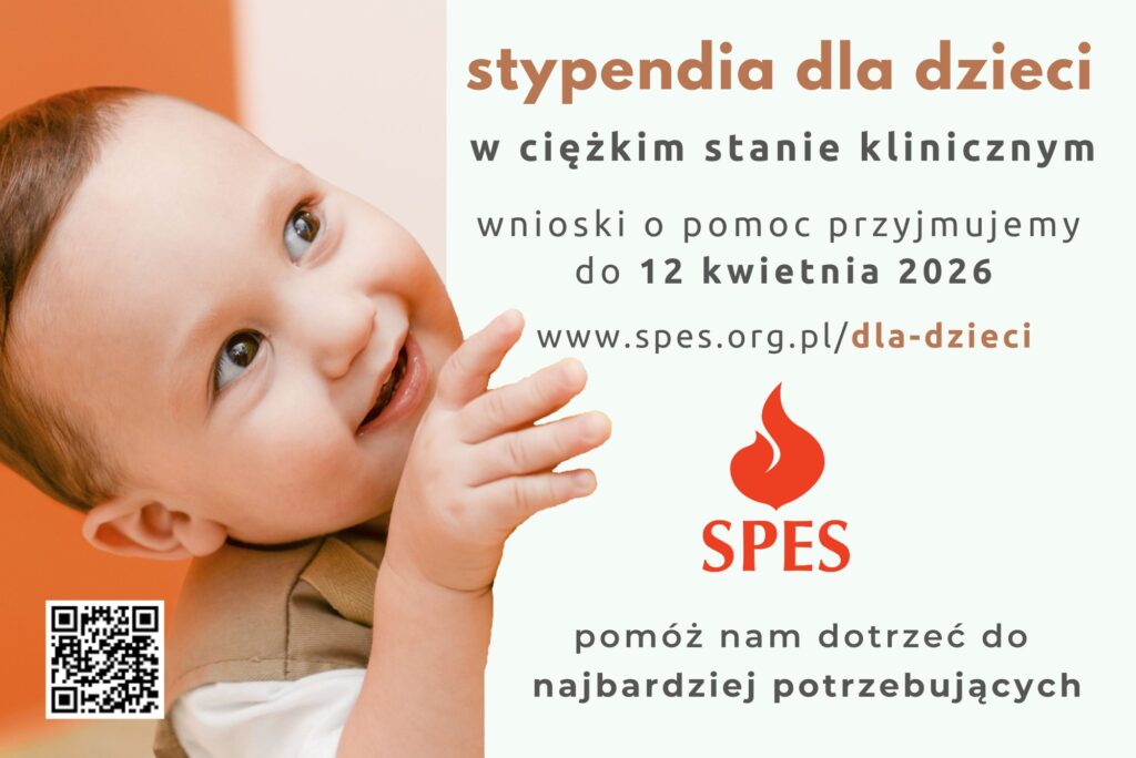 Grafika informująca o programie stypendialnym dla dzieci w ciężkim stanie klinicznym organizowanym przez Stowarzyszenie SPES
