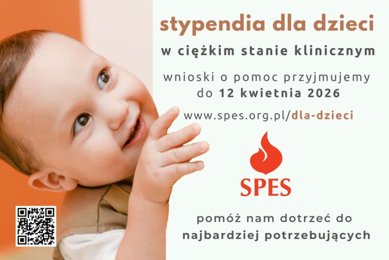 Grafika informująca o programie stypendialnym dla dzieci w ciężkim stanie klinicznym organizowanym przez Stowarzyszenie SPES