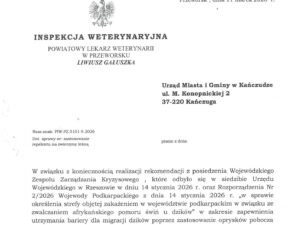 Pismo Powiatowego Inspektoratu Weterynarii w Przeworsku informujące o planowanych opryskach przy drodze wojewódzkiej nr 881 w związku z ASF