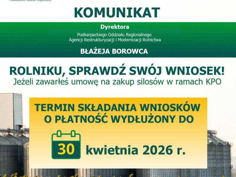 Grafika informacyjna ARiMR dotycząca wydłużenia terminu składania wniosków o płatność za inwestycje w silosy w ramach KPO
