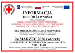 Plakat informacyjny o wydawaniu żywności w ramach programu FEPŻ w Przeworsku 24 marca 2026 roku.