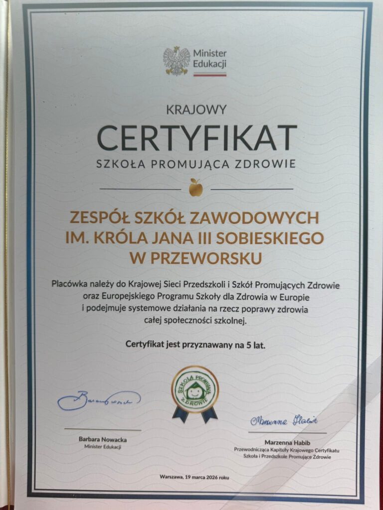 Zsz W Przeworsku Z Krajowym Certyfikatem Szkoły Promującej Zdrowie