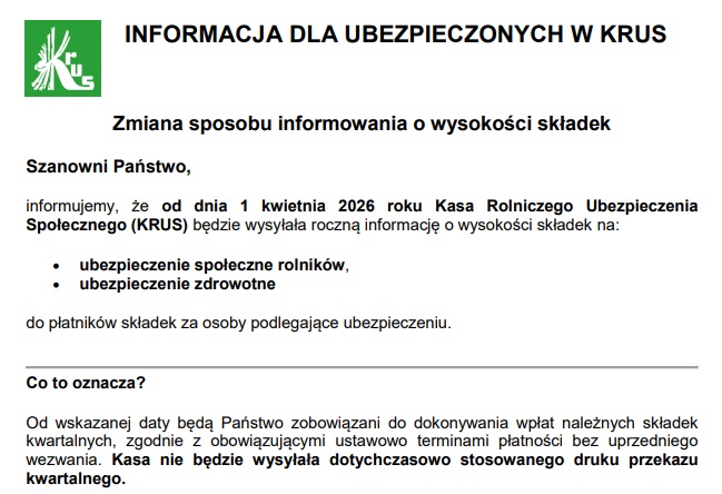 Informacja o zmianie składek KRUS