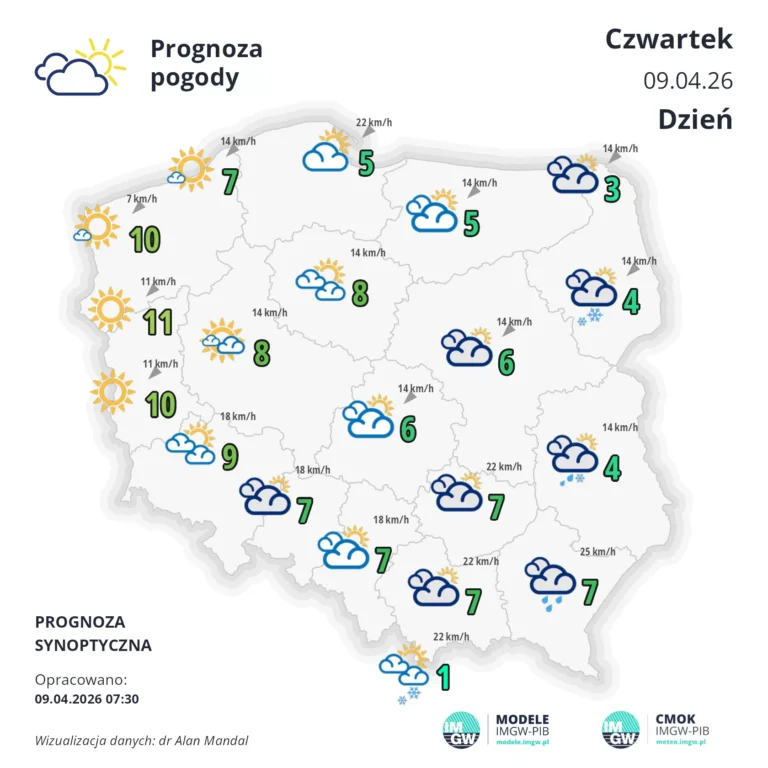 Mapa pogodowa Polski 9 kwietnia 2026