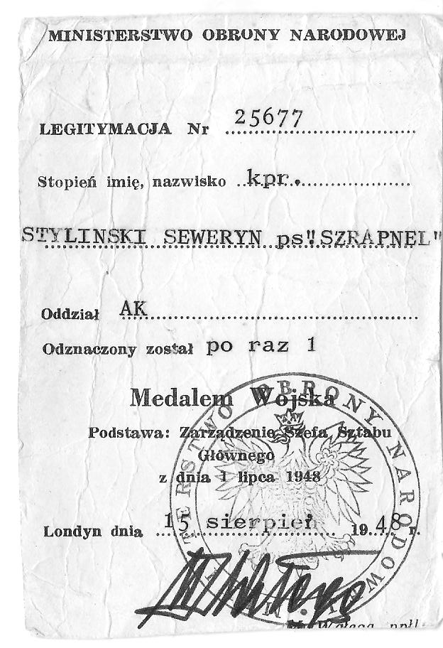 Legitymacja Medalu Wojska Wystawiona W Londynie W 1948 R. Dla Seweryna Stylińskiego