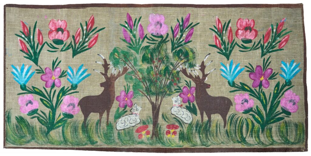 Makata malowana na płótnie lnianym: „Jelenie”, pochodzi z lat 70. XX w.