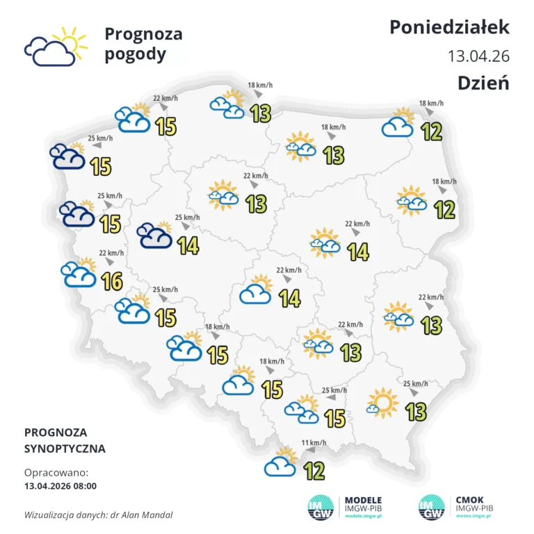 Mapa pogodowa Polskie 13 kwietni 2026
