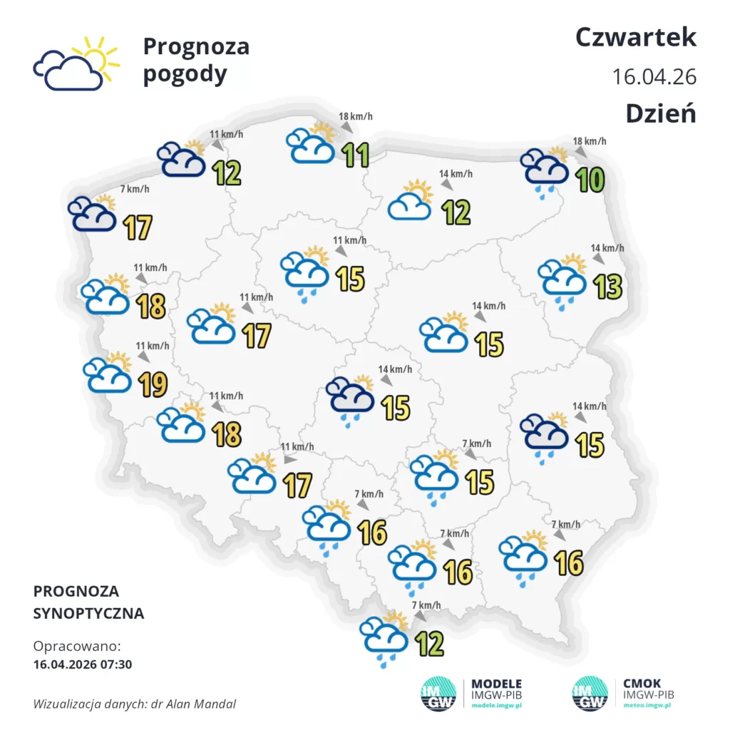 Mapa pogodowa Polski 16 kwietnia 2026