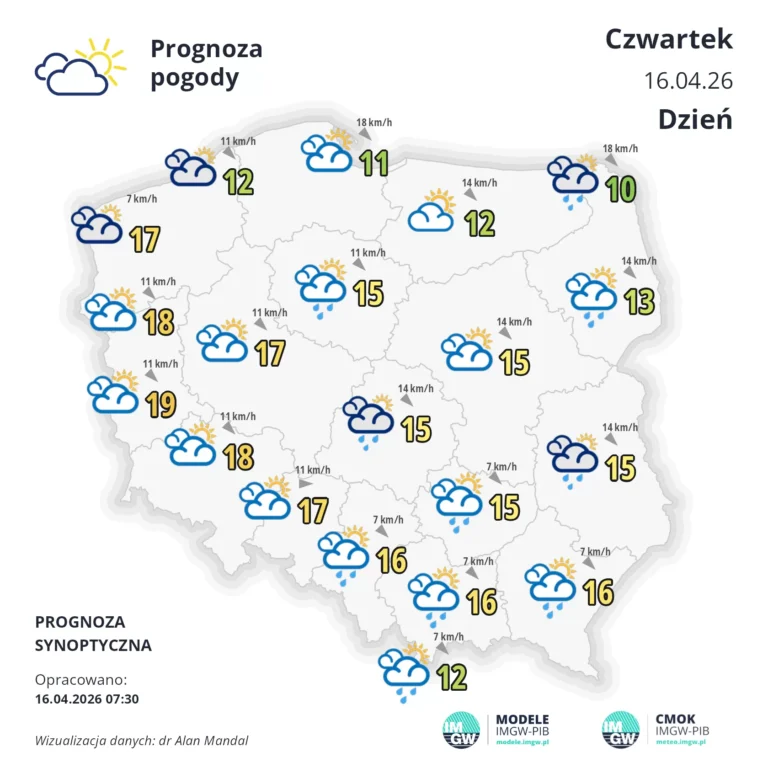 Mapa pogodowa Polski 16 kwietnia 2026