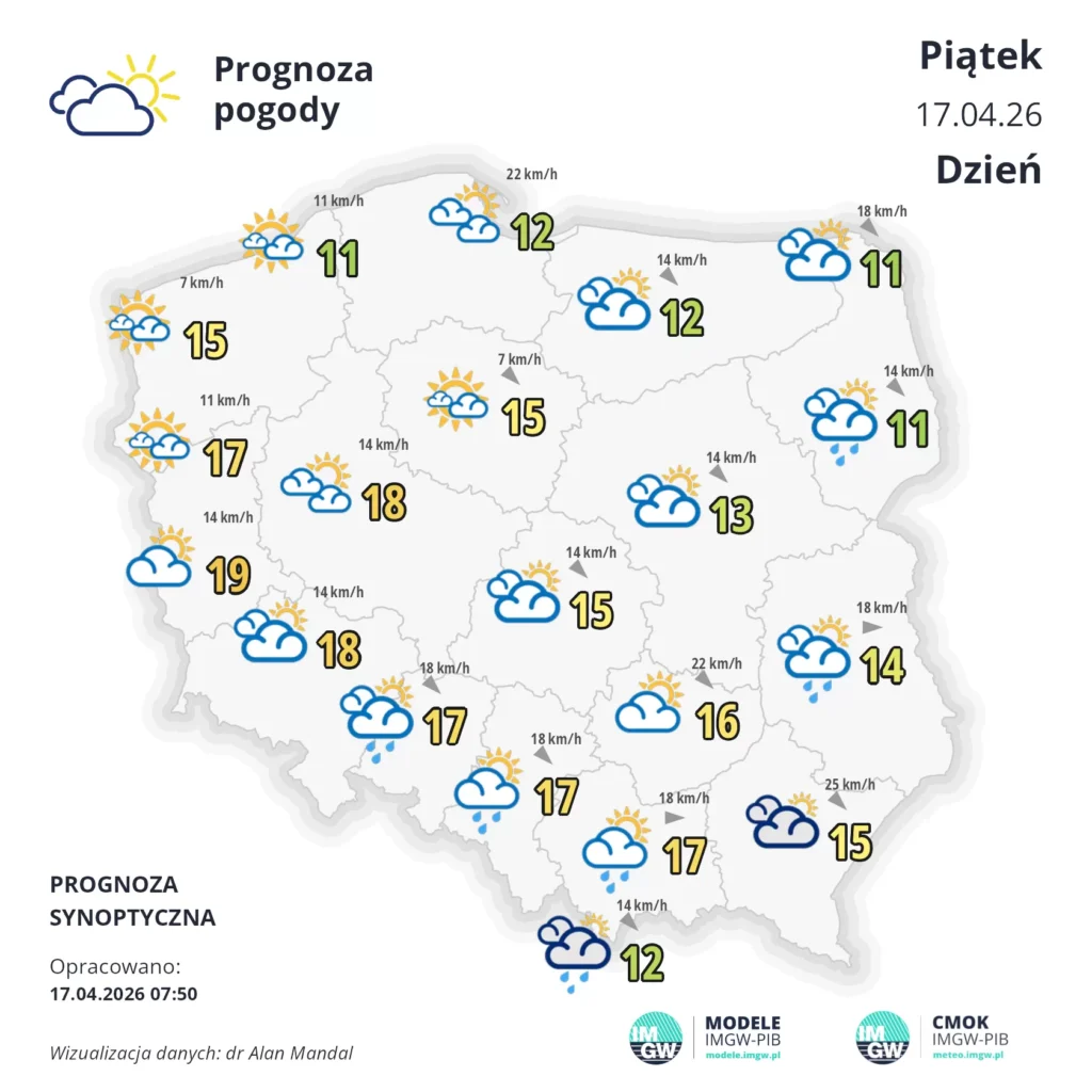 Mapa pogodowa Polski 17 kwietnia 2026