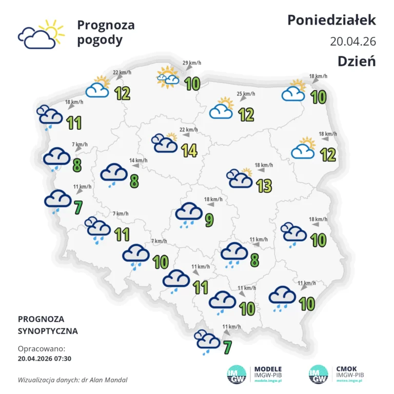 Mapa pogoowa Polski 20 kwietnia 2026