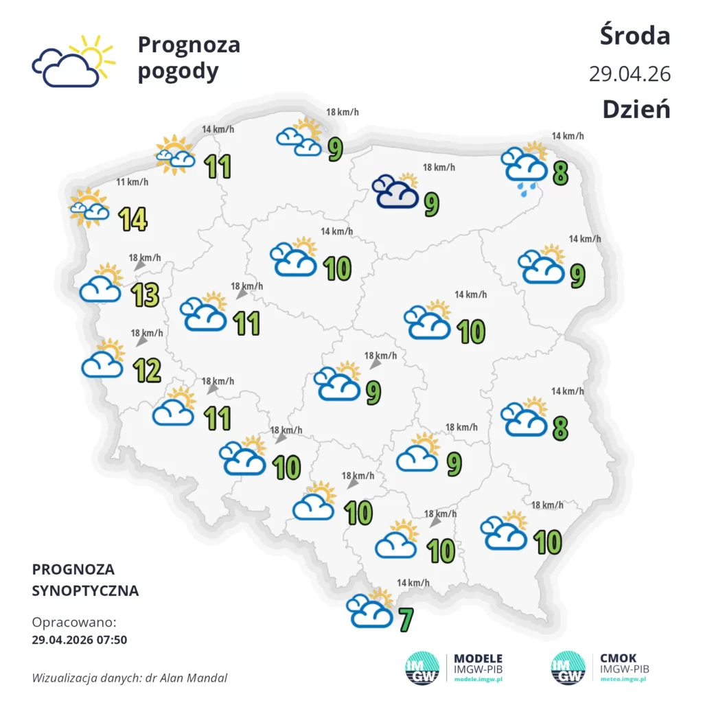 Mapa pogodowa Polski 29 kwietnia 2026