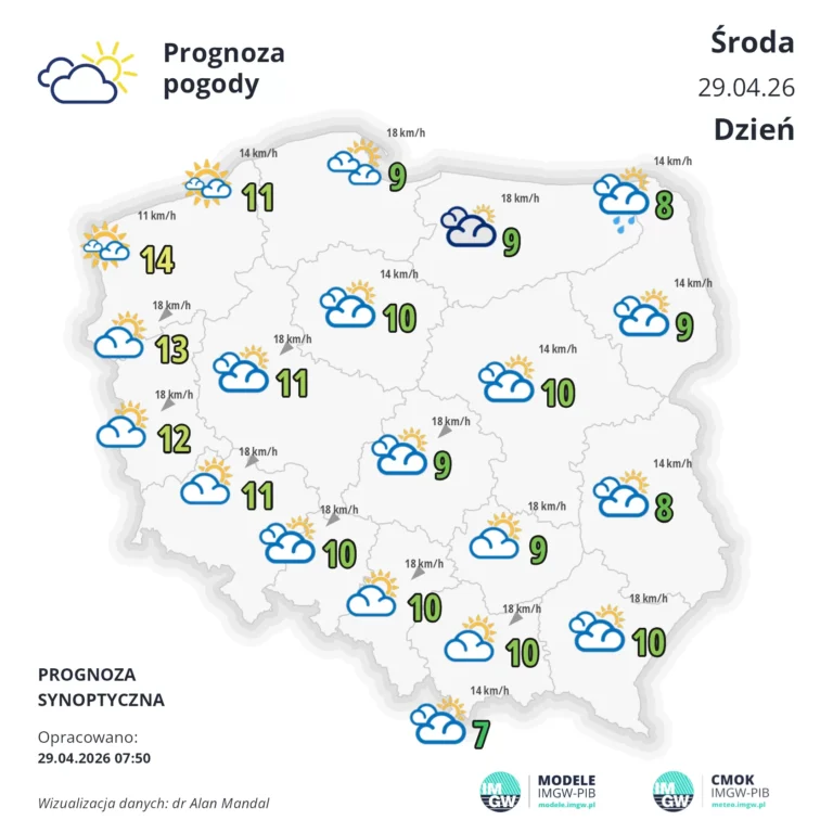 Mapa pogodowa Polski 29 kwietnia 2026