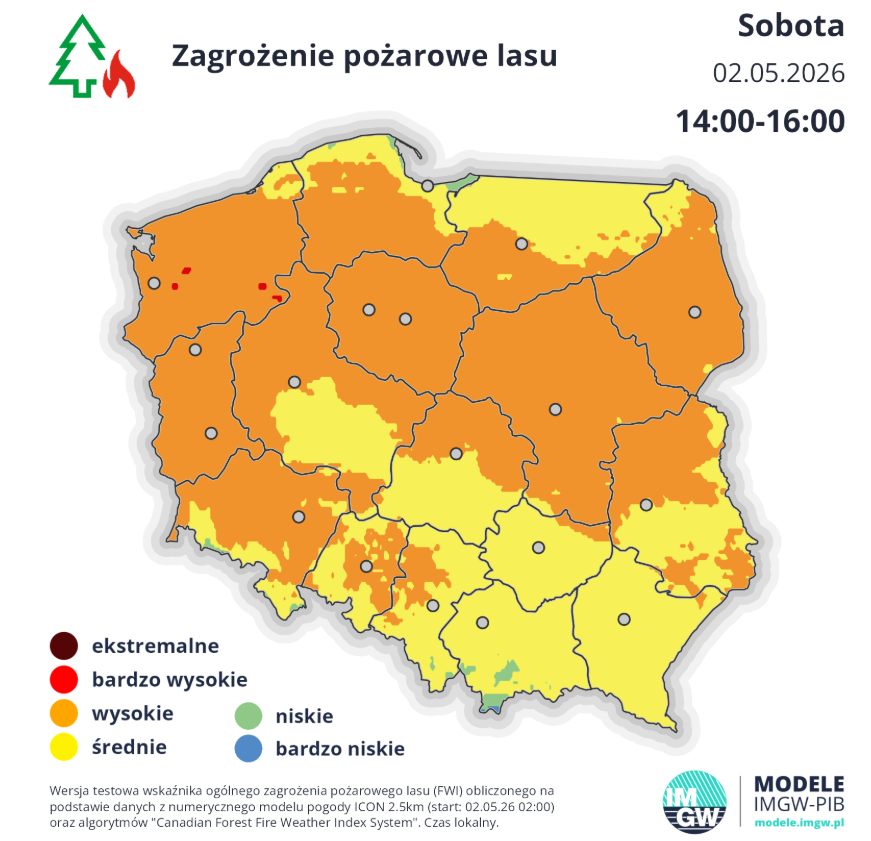 Zagrożenie pożarowe - mapa Polski maj 2026