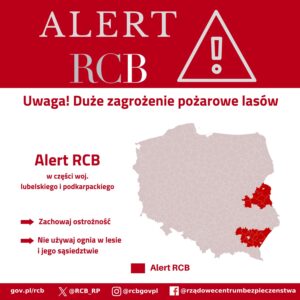 Mapa Polski dla alertu pożąrowego RCB maj 2026