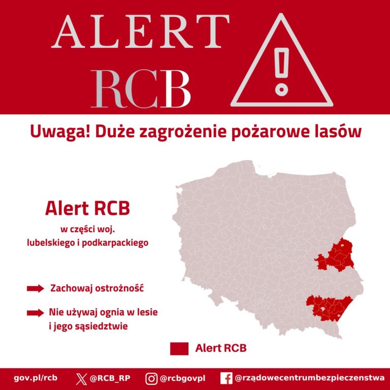 Mapa Polski dla alertu pożąrowego RCB maj 2026
