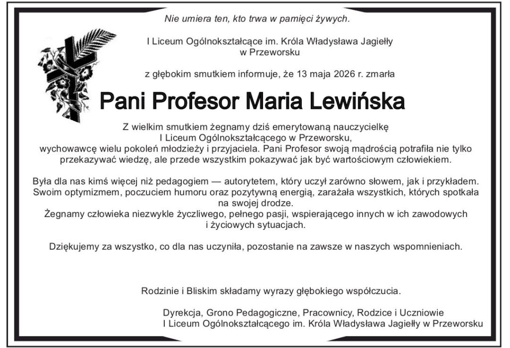 Informacja o śmierci prof Marii Lewińskiej