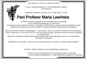 Informacja o śmierci prof Marii Lewińskiej