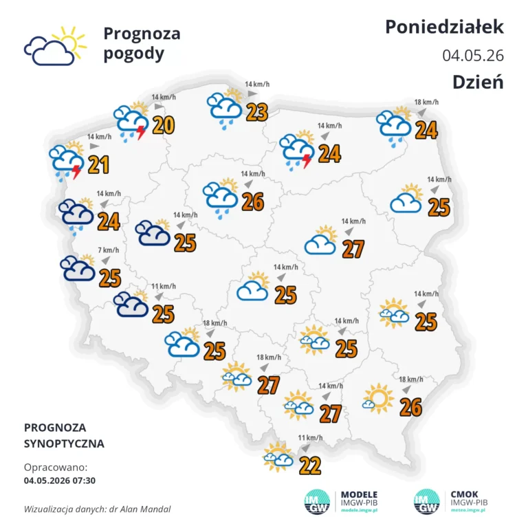 Mapa pogodowa Polski 4 maja 2026