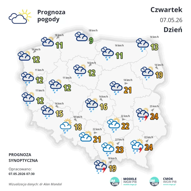 Mapa pogodowa Polski 7 maja 2026