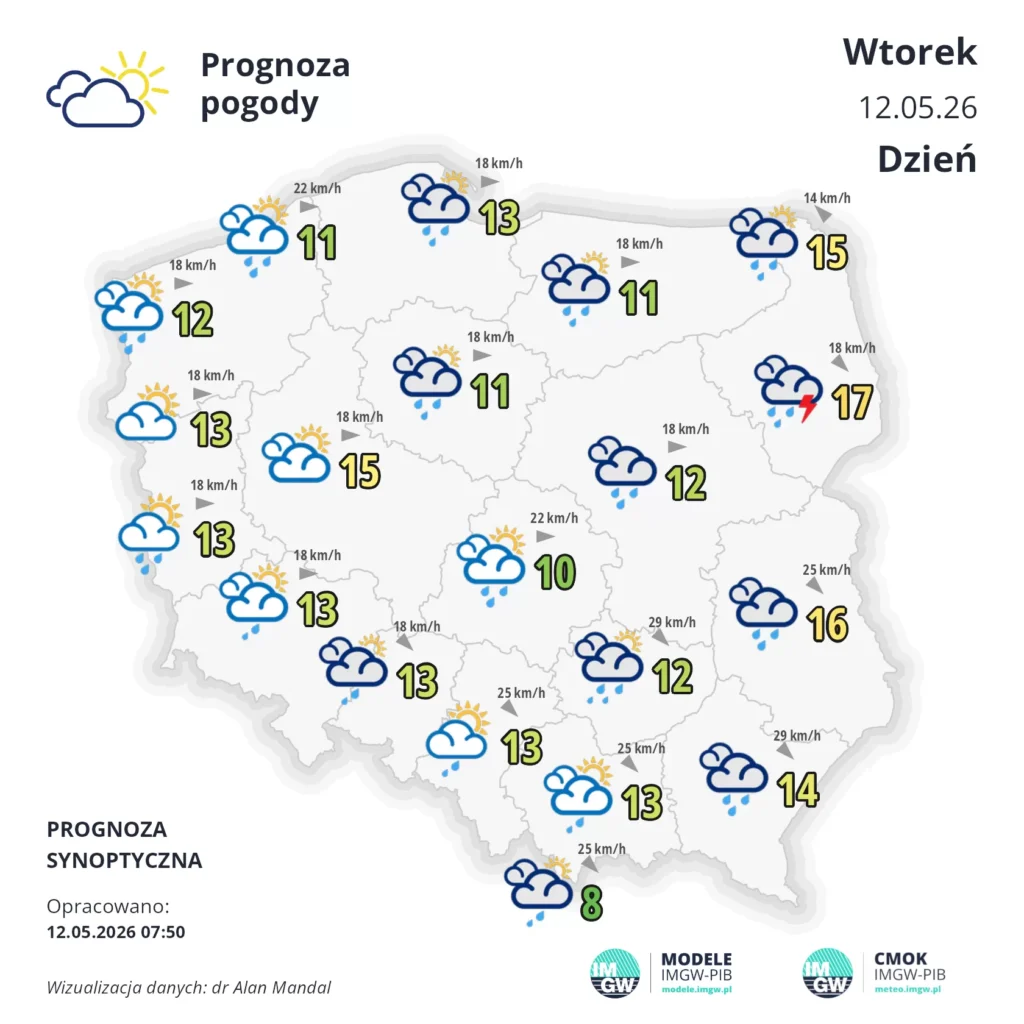Mapa pogodowa Polski 12 maja 2026