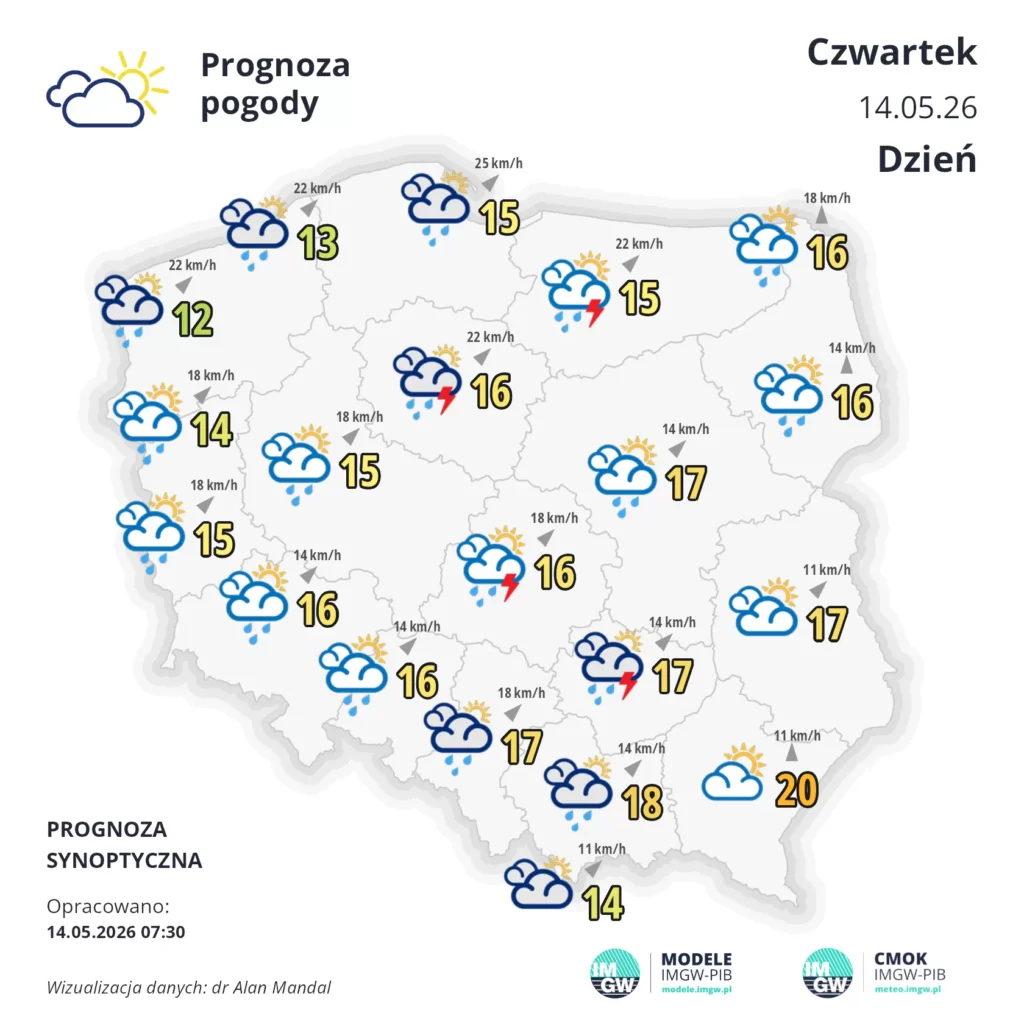 Mapa pogodowa Polski 14 maja 2026