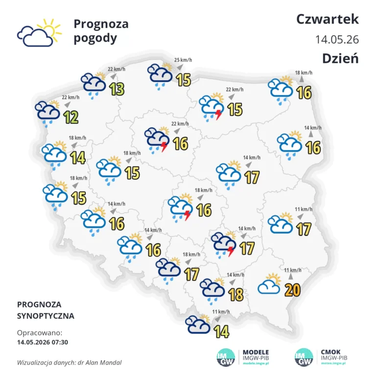 Mapa pogodowa Polski 14 maja 2026