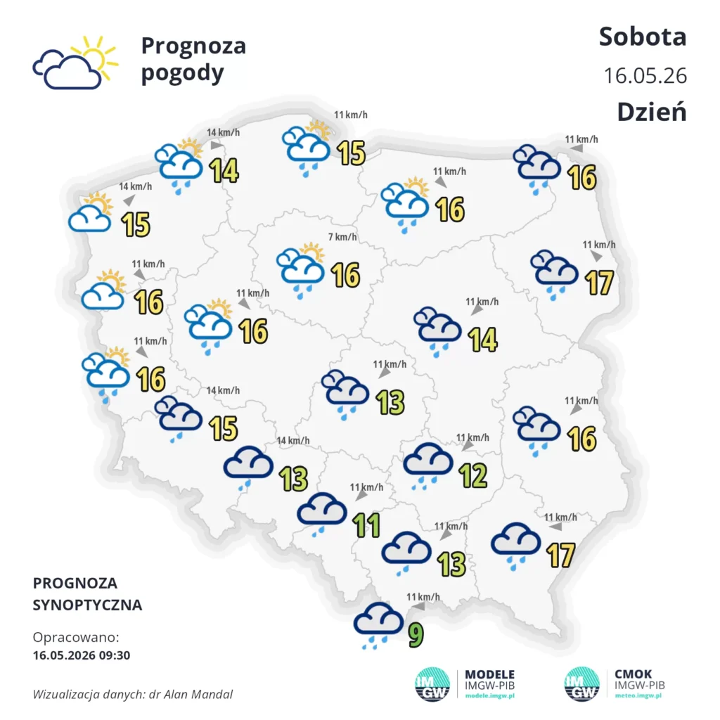 Mapa pogodowa Polski 16 maja 2026