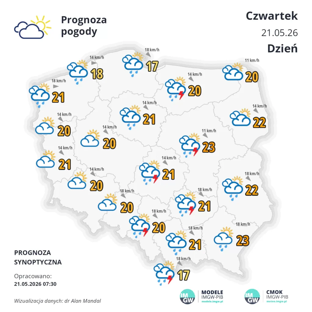 Mapa pogodowa Polski 21 maja 2026