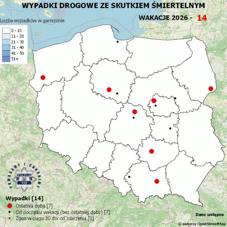 Policyjna mapa wypadków drogowych ze skutkiem śmiertelnym – Wakacje 2026