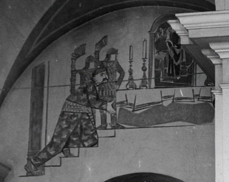 „Jan III Sobieski przed obrazem św. Antoniego w Przeworsku”, polichromia Józefa Dutkiewicza z 1962 r. nad wejściem do kaplicy św. Antoniego w kościele OO. Bernardynów w Przeworsku, fot. 1970; Archiwum Klasztoru Bernardynów w Przeworsku