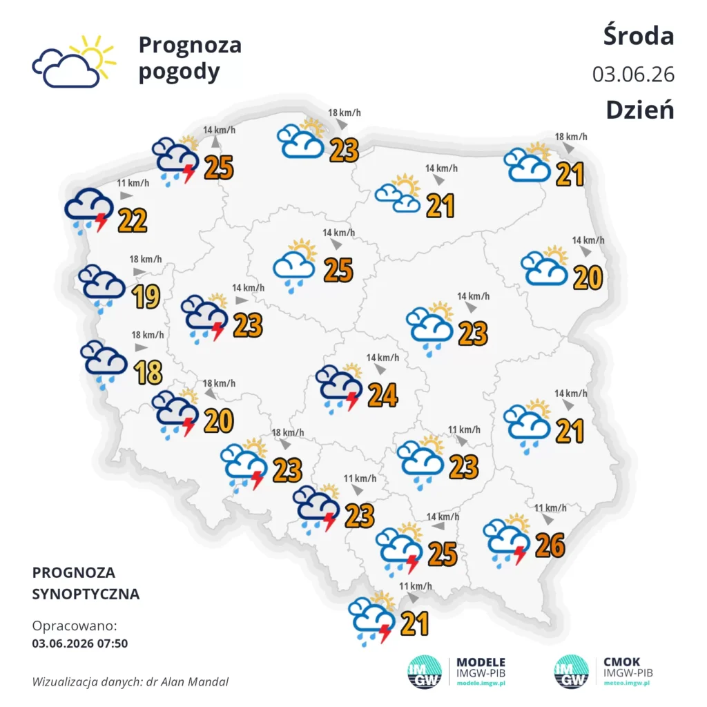 Mapa pogodowa Polski 3 czerwca 2026