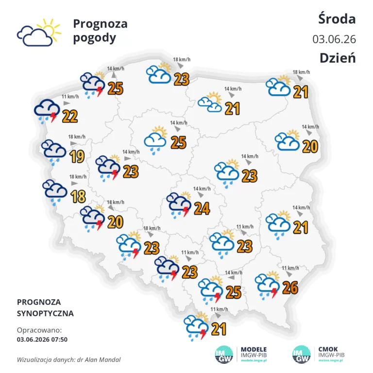 Mapa pogodowa Polski 3 czerwca 2026