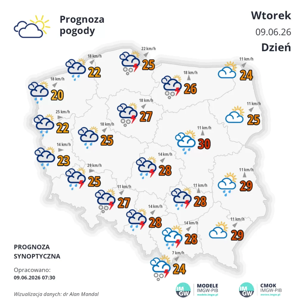 Mapa pogodowa Polski 9 czerwca 2026