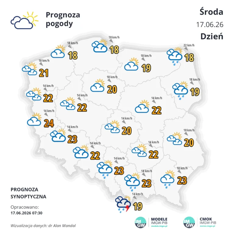 Mapa pogodowa Polski 17 czerwca 2026