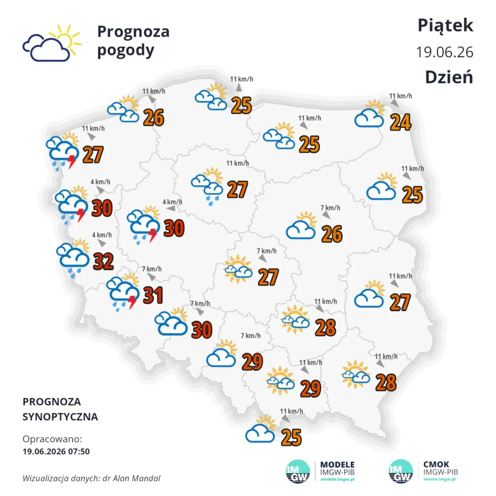Mapa pogodowa Polski 19 czerwca 2026