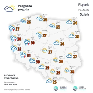 Mapa pogodowa Polski 19 czerwca 2026