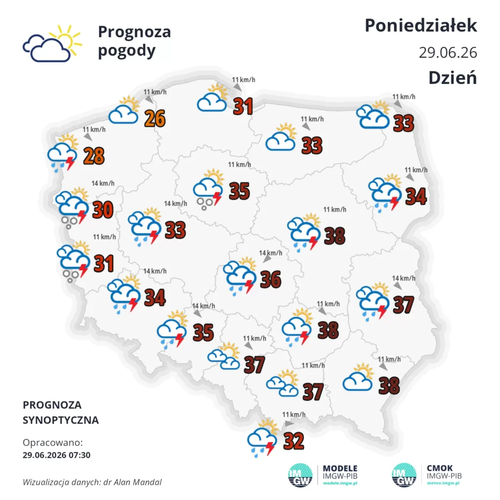 MApa pogodowa Polski 29 czerwca 2026