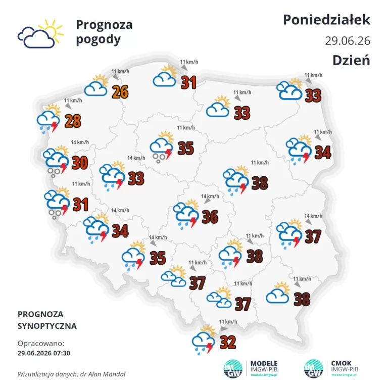 MApa pogodowa Polski 29 czerwca 2026