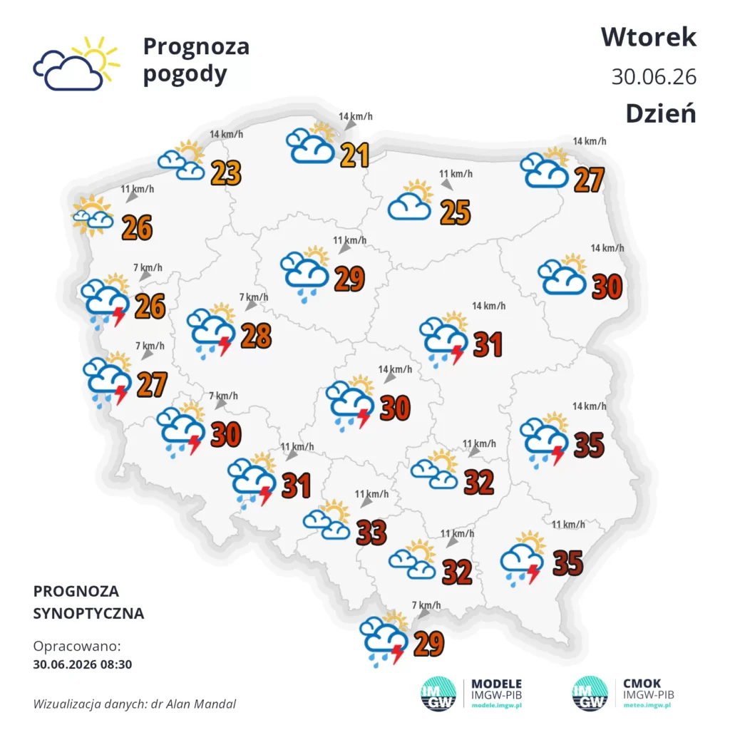 Mapa pogodowa Polski 30 czerwca 2026