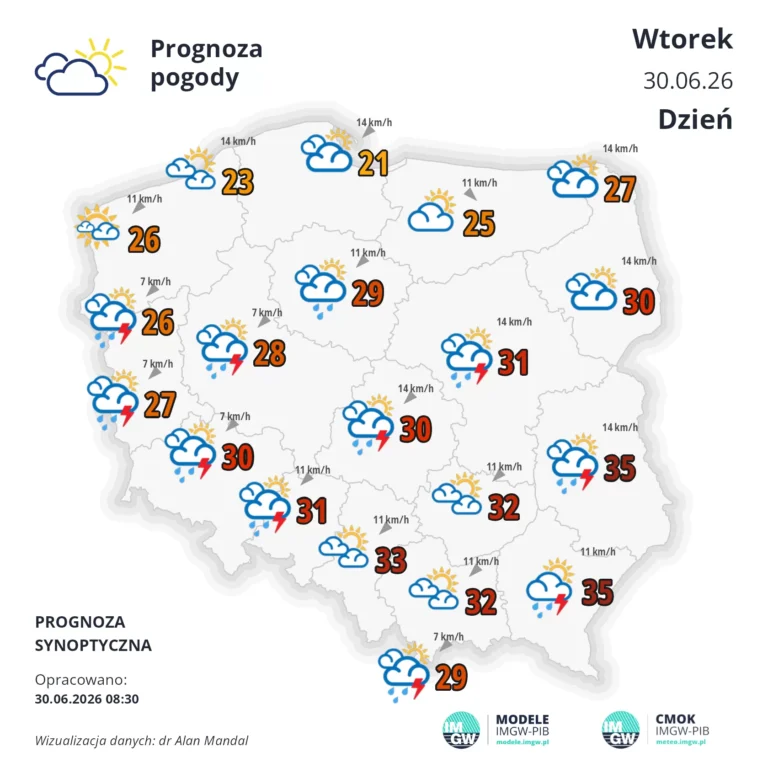 Mapa pogodowa Polski 30 czerwca 2026